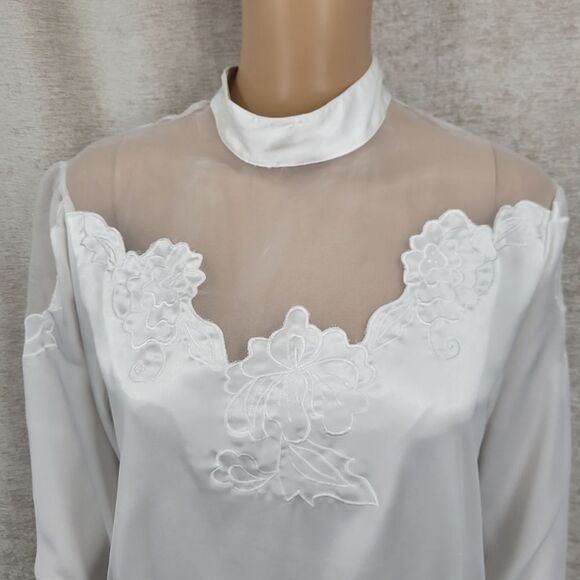 Susan Hutton Vintage White Satin Sheer Mesh Long Sleeve Blouse Women's Plus Size - Picture 2 of 9